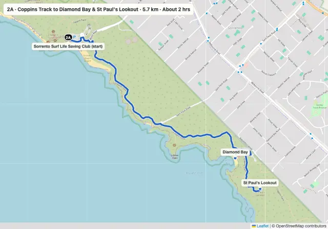 Route map: Coppins Track to Diamond Bay & St Paul's Lookout