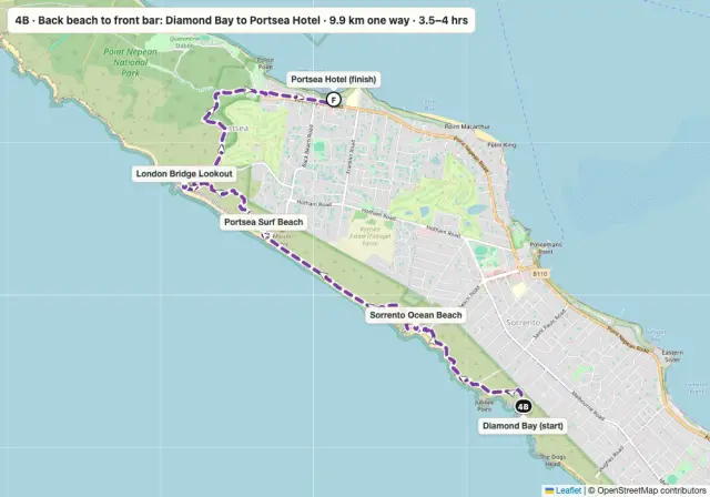 Route map: Back beach to front bar: Diamond Bay to Portsea Hotel